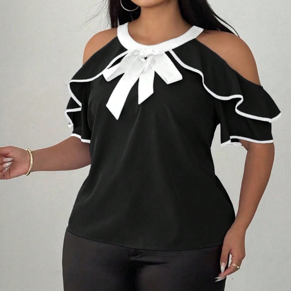 Plus Color Block Cold Shoulder Ruffle Detail Short Sleeve Blouse - Picture 11 of 11
